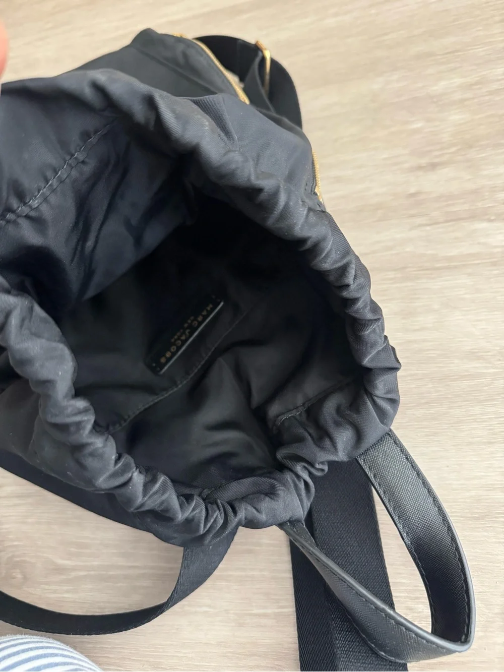 Like New Marc Jacobs Black Nylon Drawstring Backpack with Gold Hardware